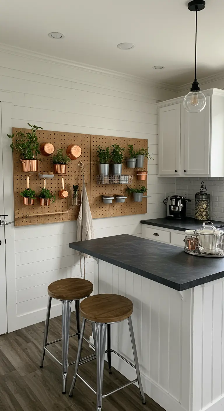 A kitchen with a large wooden pegboard used to hang copper pots and small herb planters.