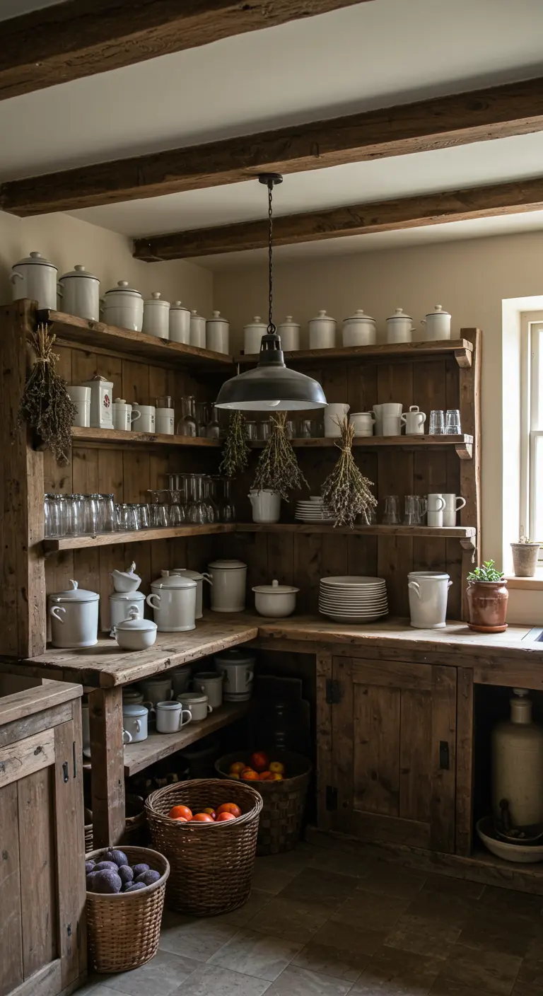 A rustic open pantry with wood shelves filled with white canisters and hanging dried herbs.