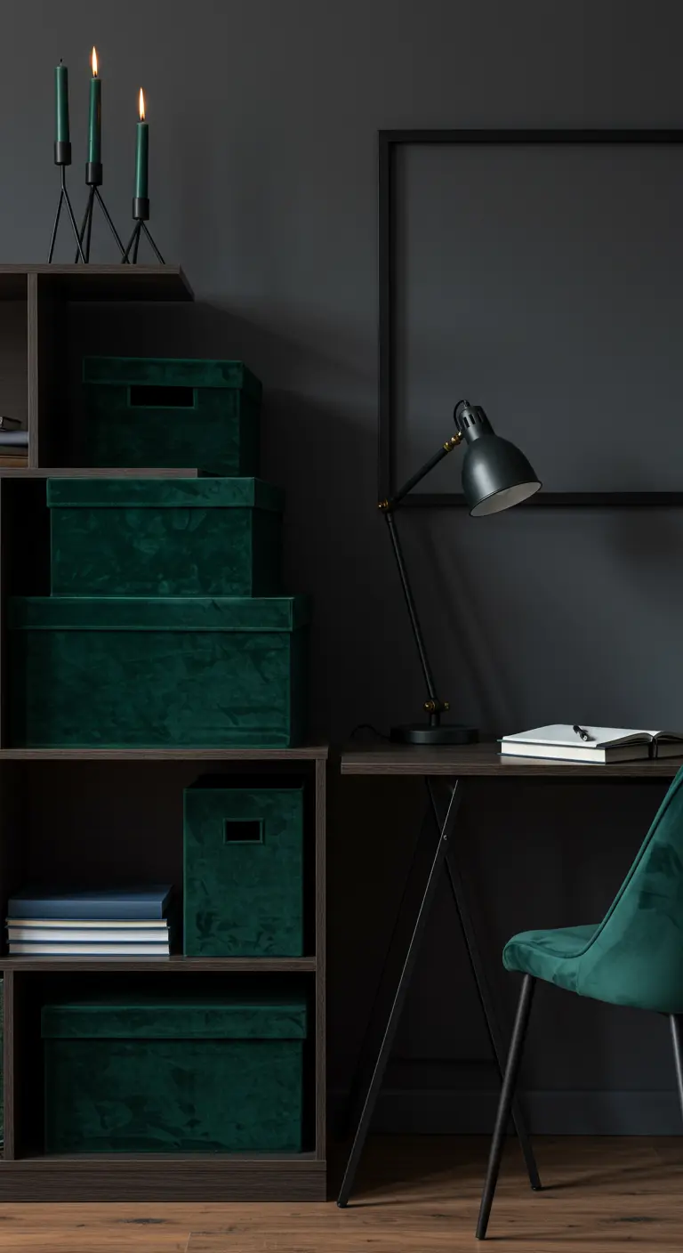 Dark shelving unit organized with forest green velvet storage boxes next to a black desk.