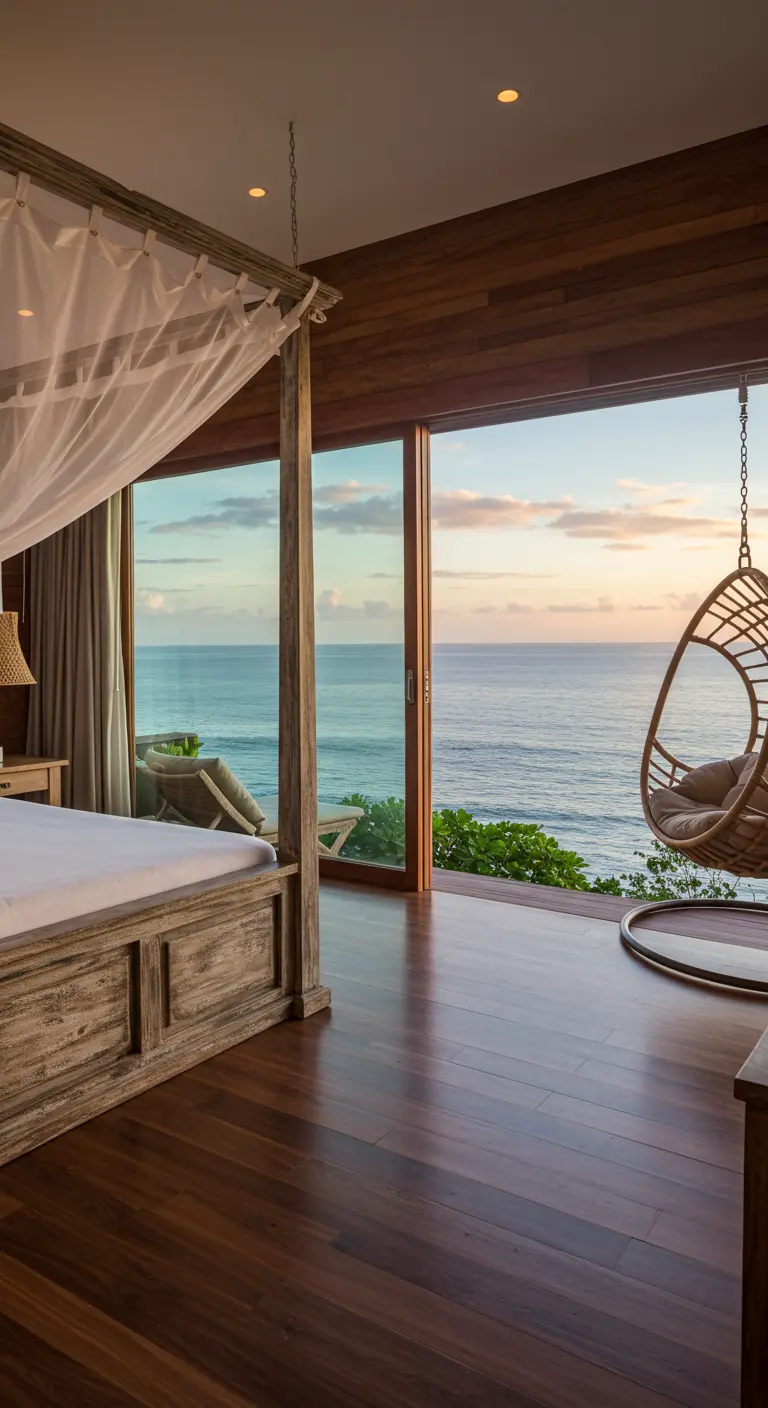 Bedroom with a wooden canopy bed and hanging chair facing the ocean.