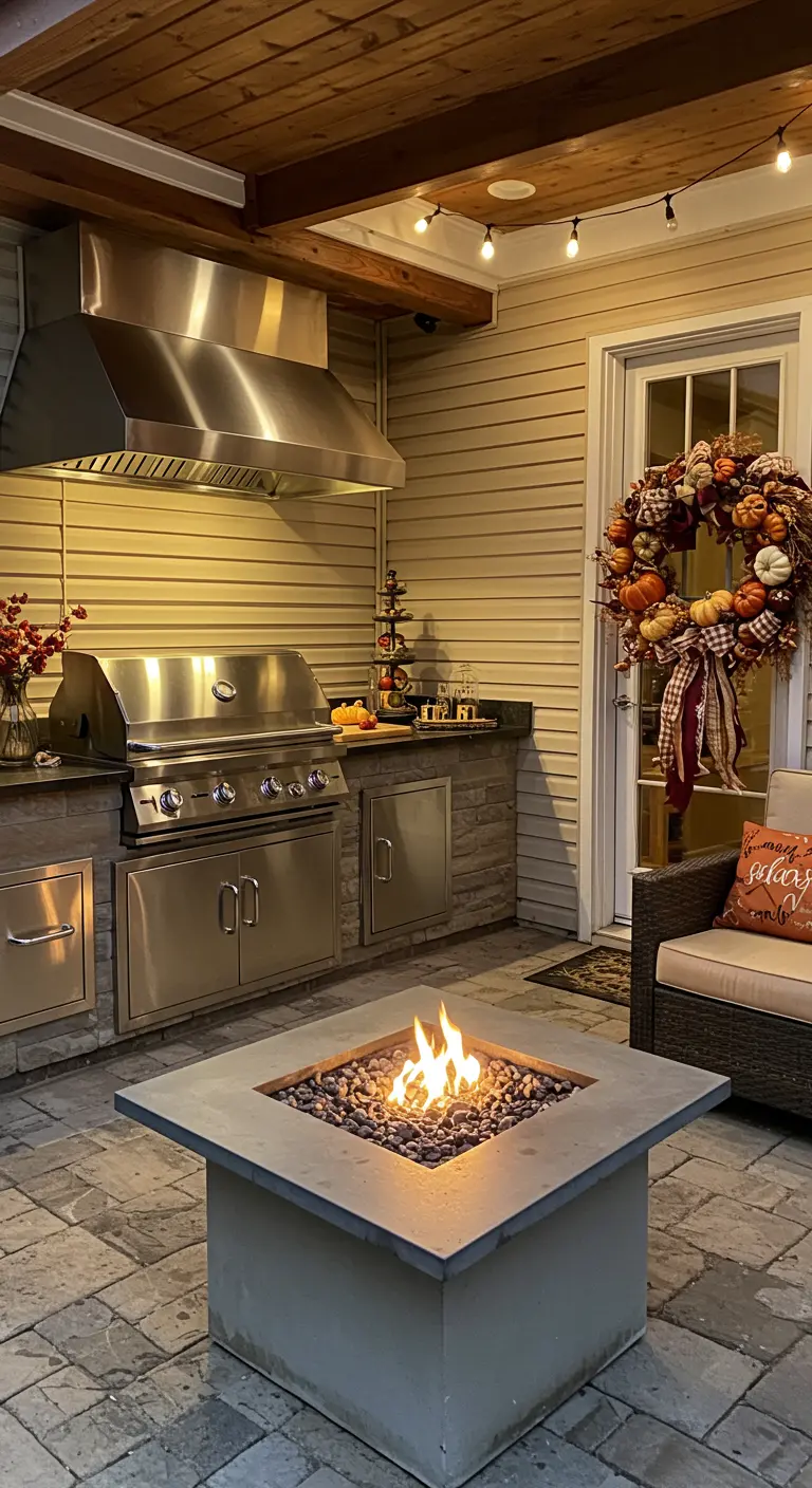 An outdoor kitchen with a grill, stone counters, and a nearby fire pit and fall wreath.