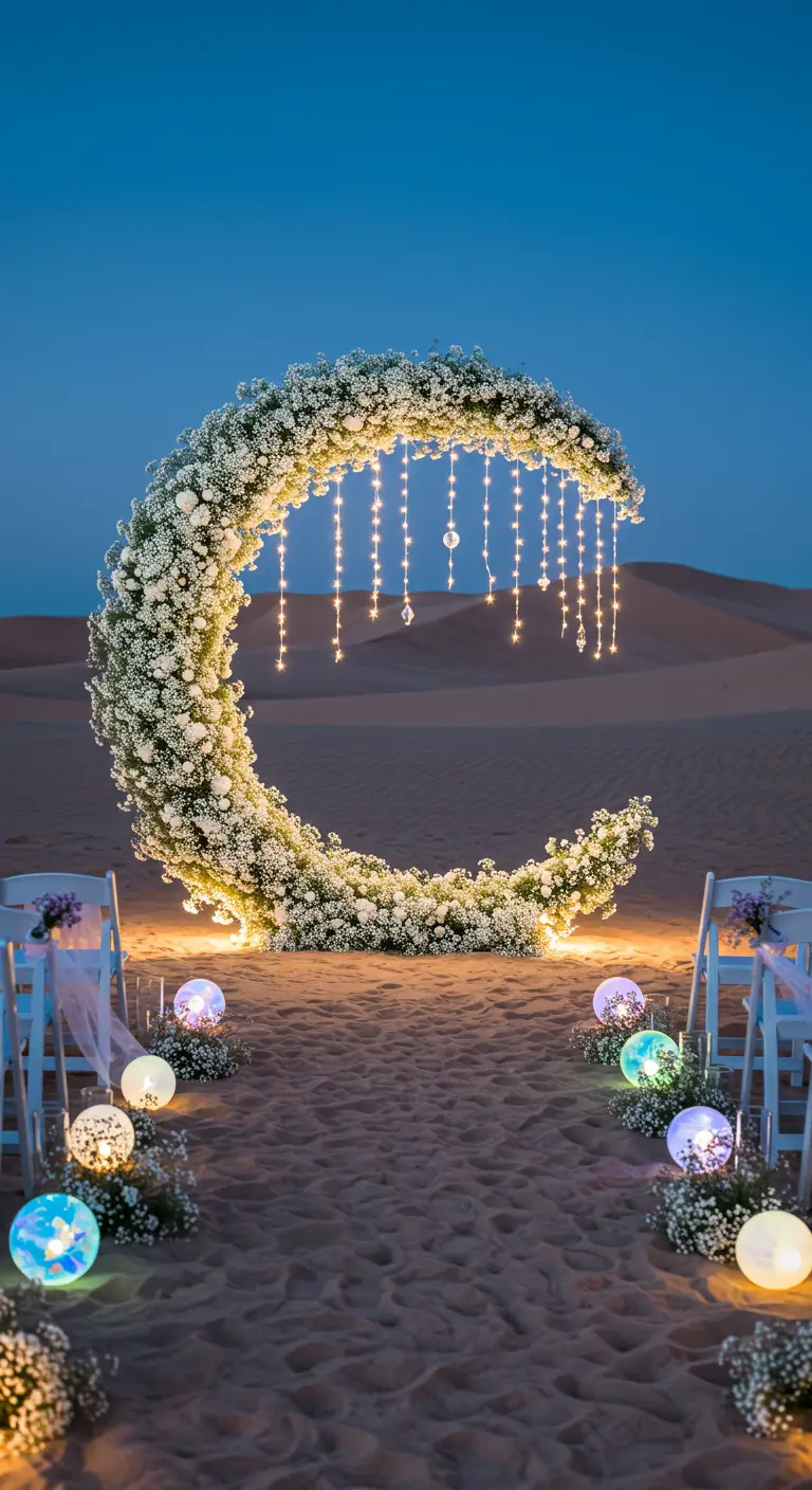A crescent moon-shaped wedding arch covered in white flowers and lights.
