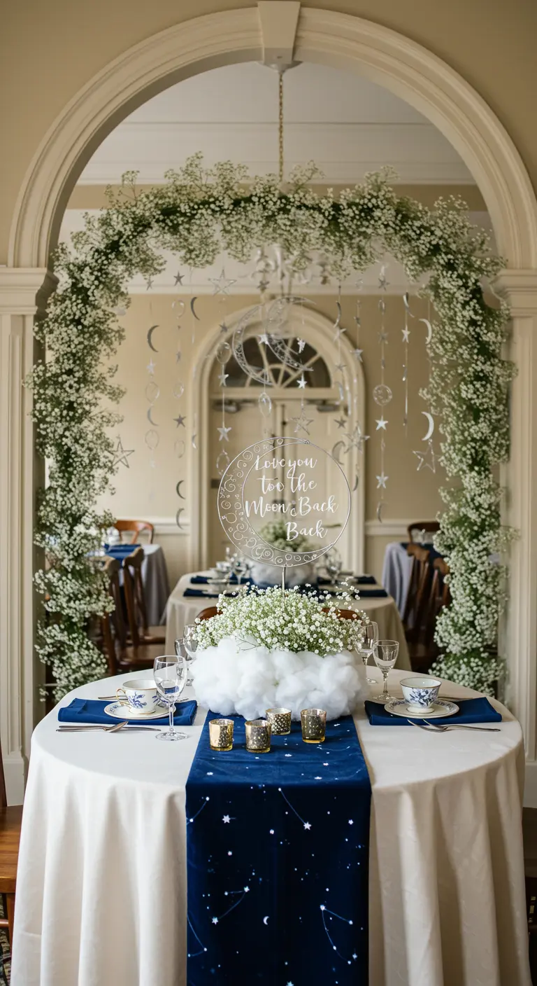 Table with baby's breath arch and a