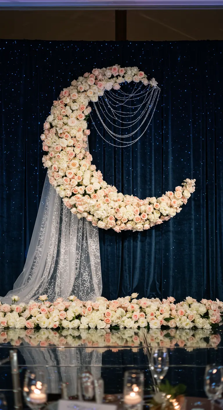 Crescent moon shaped floral installation with blush roses against a navy blue backdrop.