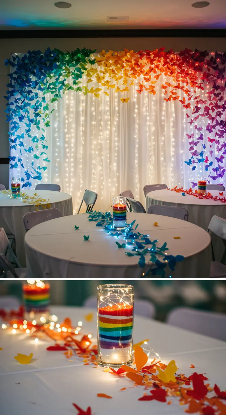 A rainbow-themed party with a butterfly arch and layered sand centerpieces.