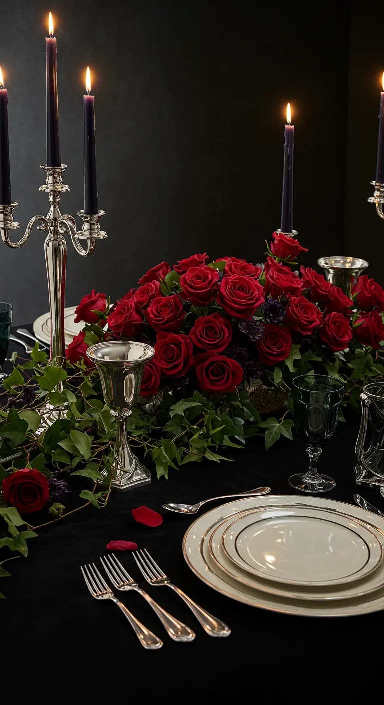 Elegant table with red roses, silver candelabras, and lush green ivy woven throughout.