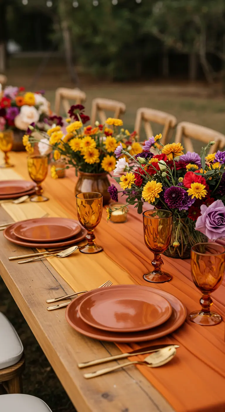 A table with a sunset-colored ombre runner and amber glassware.