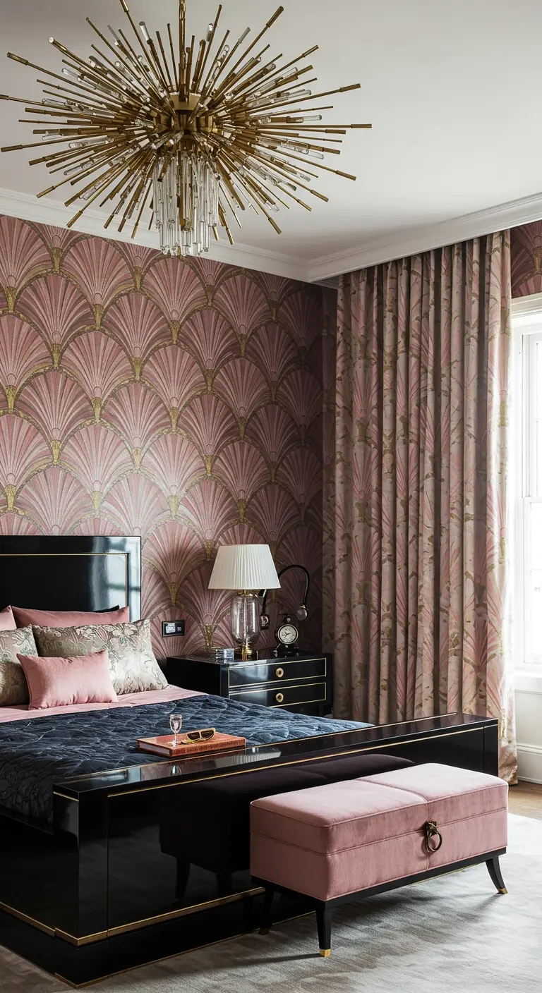 Glamorous bedroom with pink Art Deco wallpaper, a black lacquer bed, and a starburst chandelier.