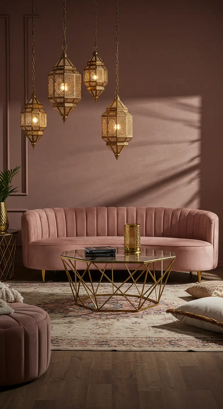 A dusty rose sofa and geometric coffee table paired with hanging perforated brass lanterns.