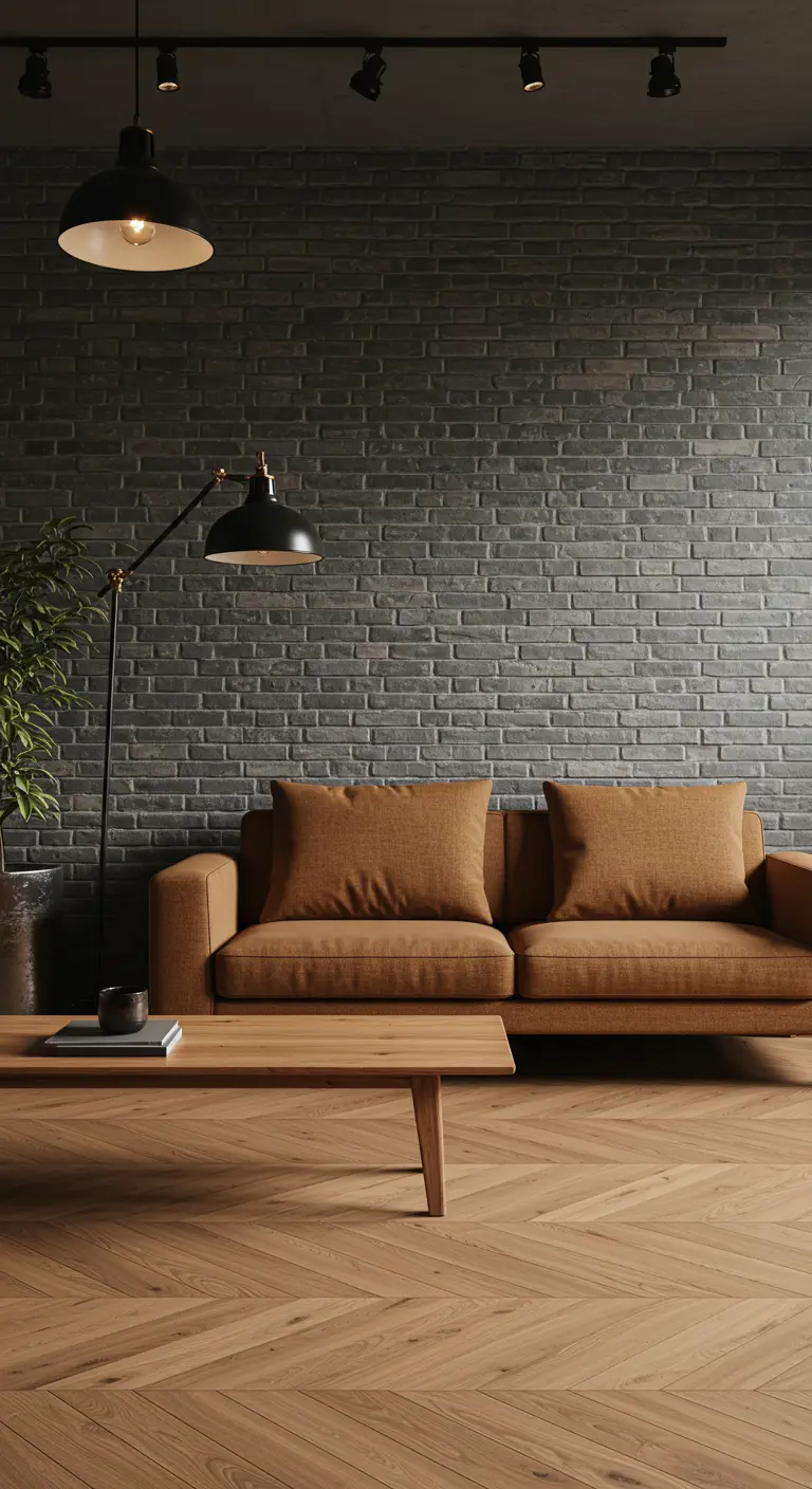A warm cognac leather sofa in front of a cool-toned gray painted brick wall.