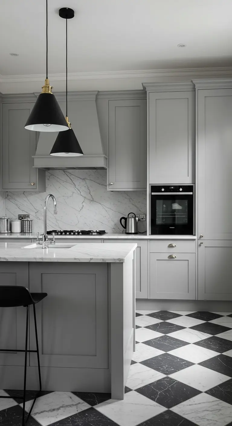 An elegant kitchen with grey cabinets, a full marble backsplash, and a marble checkerboard floor.