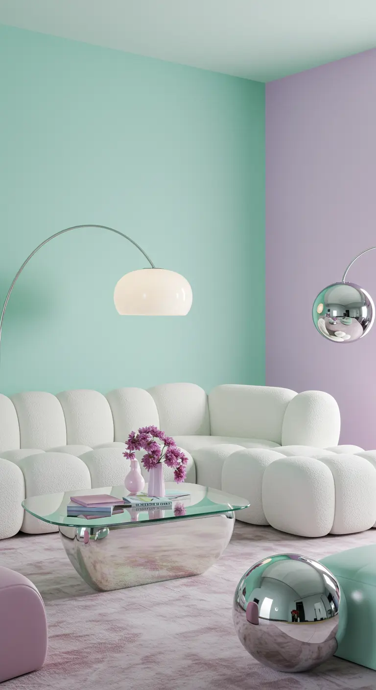 A white cloud-like sofa in a room with mint and lavender walls and chrome accents.