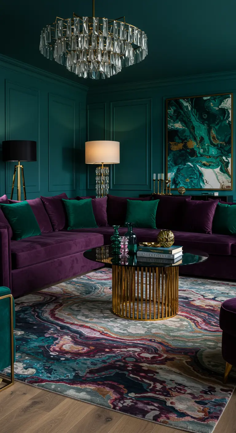Deep purple velvet sectional with emerald green pillows in a teal-walled room.