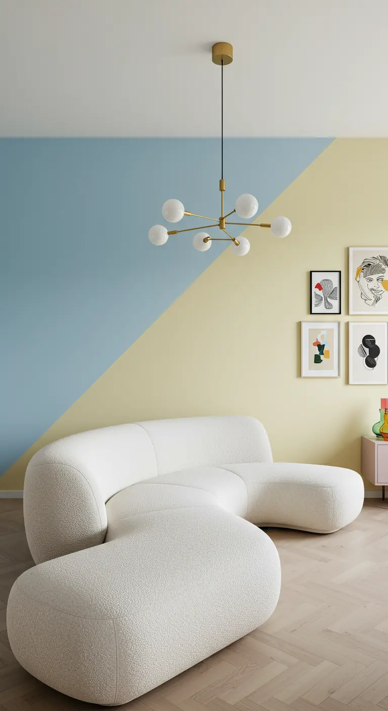 A curved white boucle sofa against a diagonally painted yellow and blue wall.