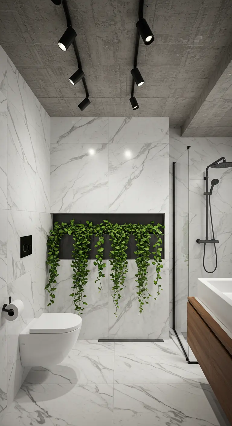 Industrial-style bathroom with marble walls, concrete ceiling, and a black planter niche with ivy.