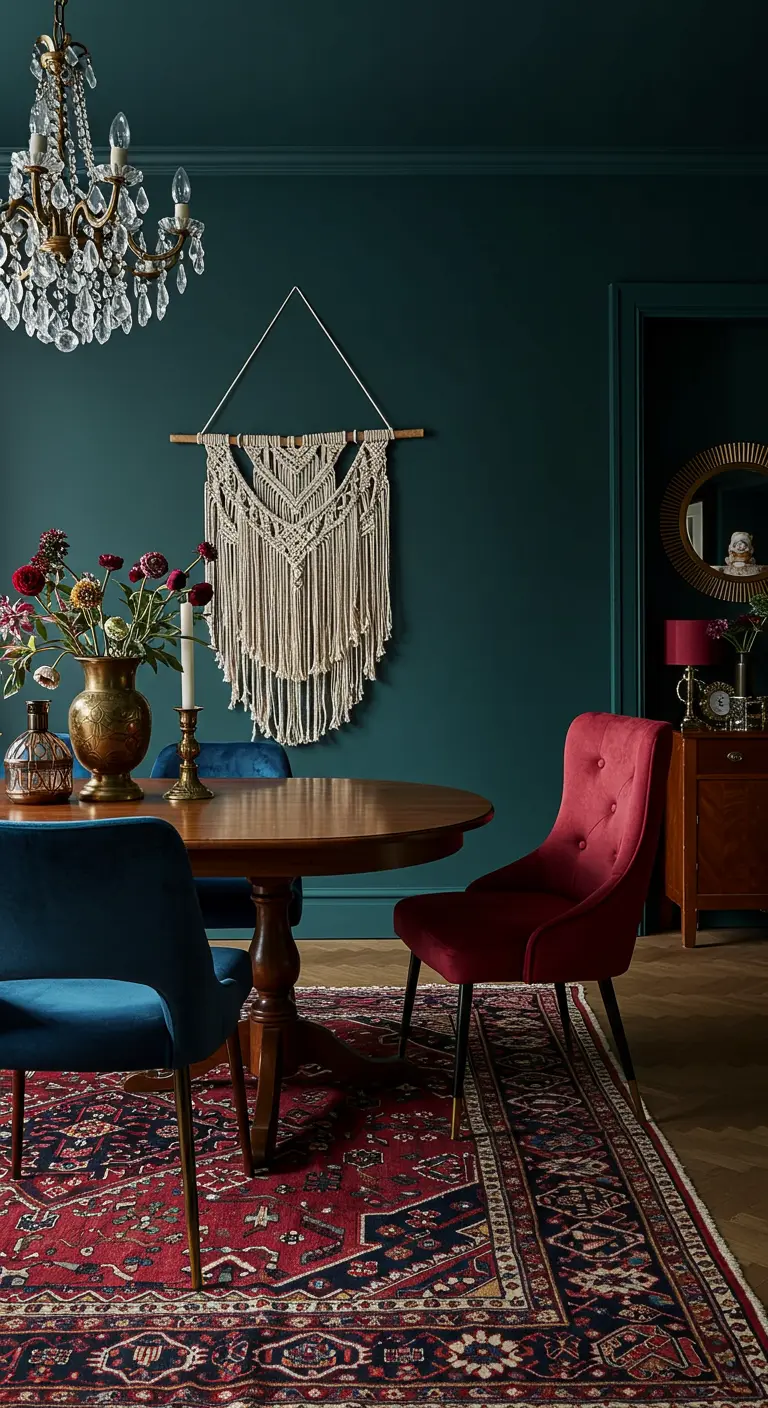 A dark teal dining room with a macramé hanging, velvet chairs in red and blue, and a crystal chandelier.