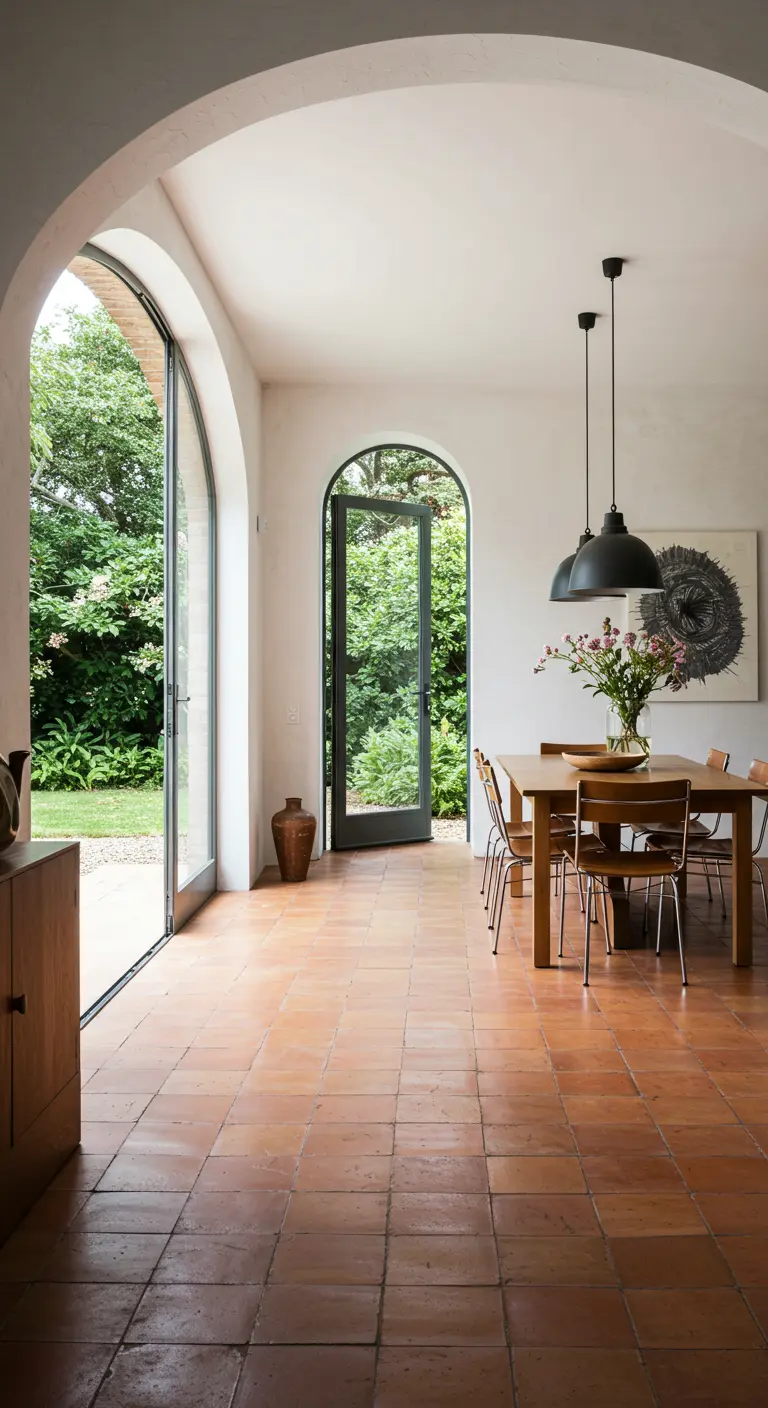 Dining room with terracotta floors, arched doorways, and modern black pendant lights.