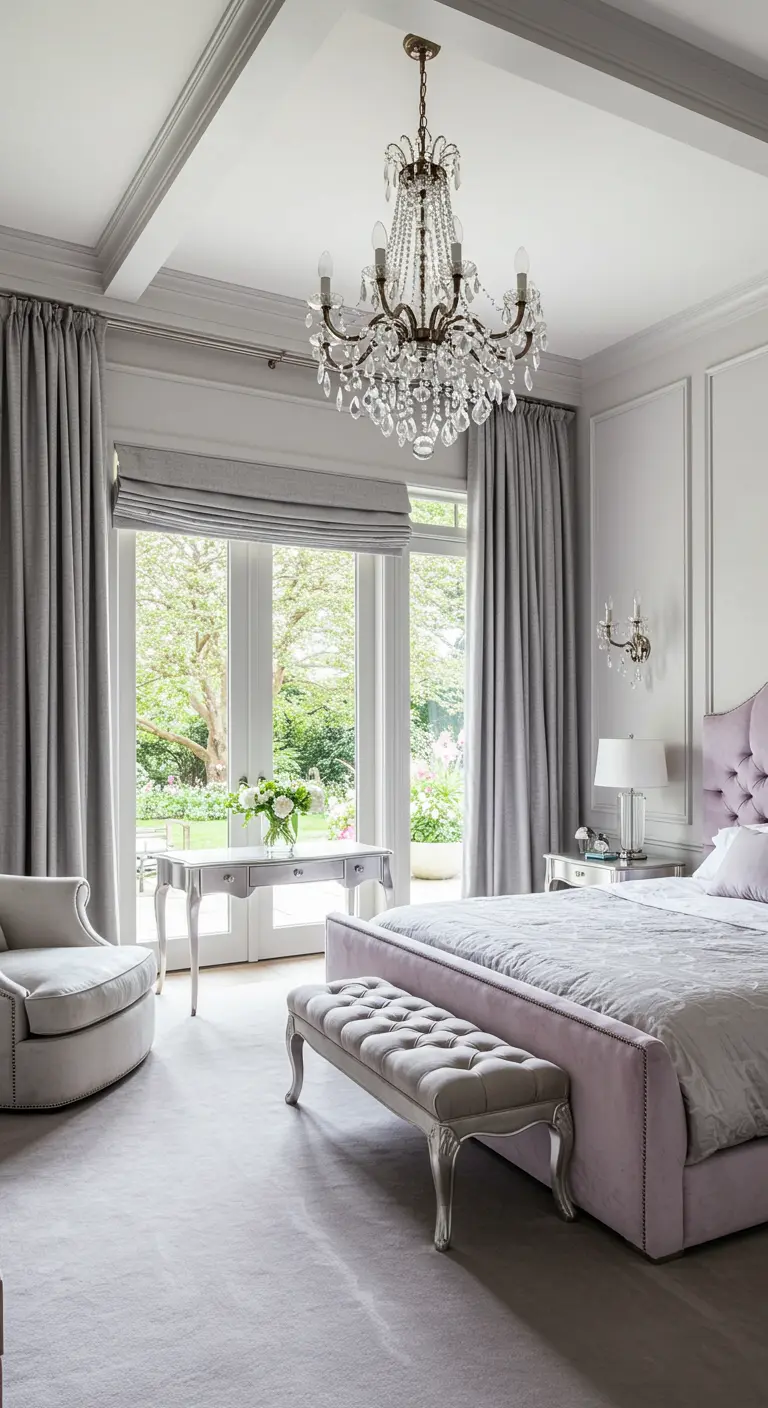 Serene bedroom in lilac and grey with a large window and a crystal chandelier.