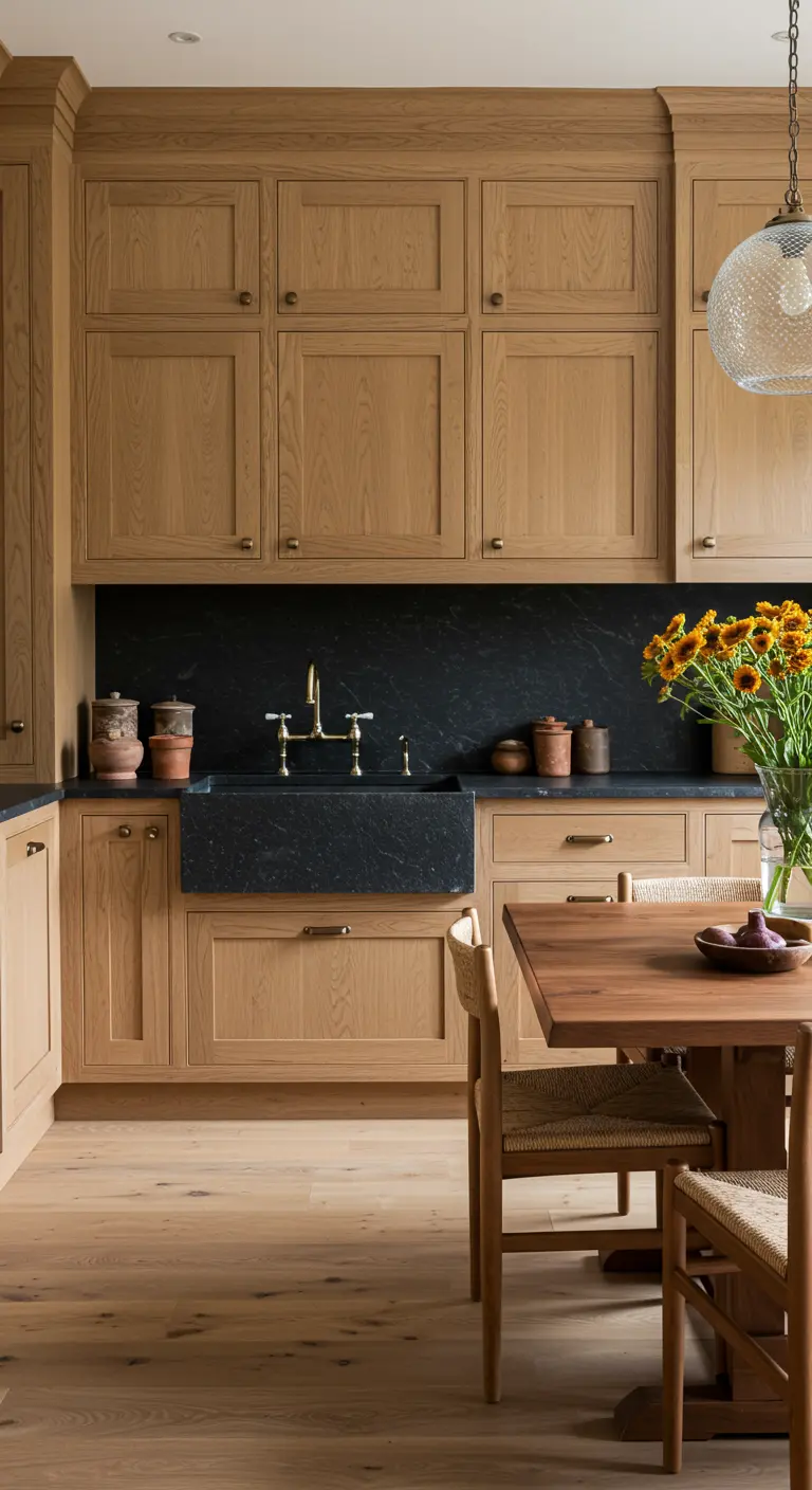 Kitchen with wood cabinets, a black soapstone countertop, and a matching backsplash.