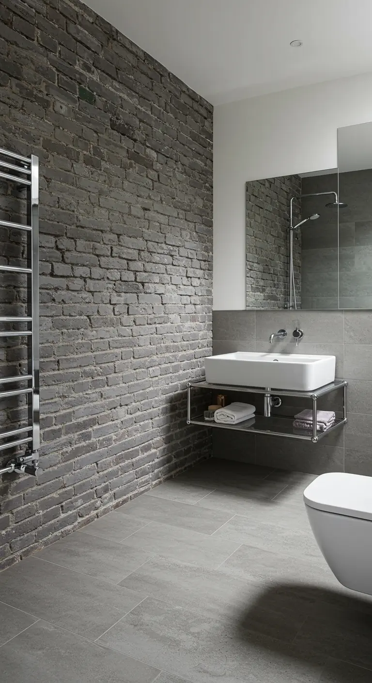 Bathroom with a grey-washed exposed brick wall and a modern chrome towel warmer.