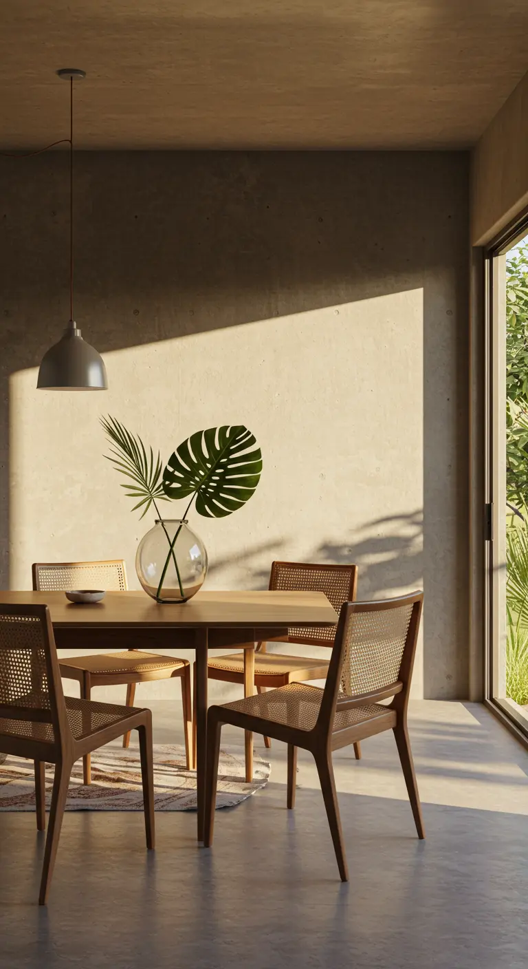 Dining area with wood and cane chairs, with dramatic sunlight on a concrete wall.