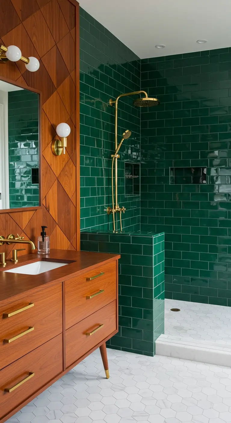 Bathroom with green subway tile, a mid-century wood vanity, and a geometric wood accent wall.