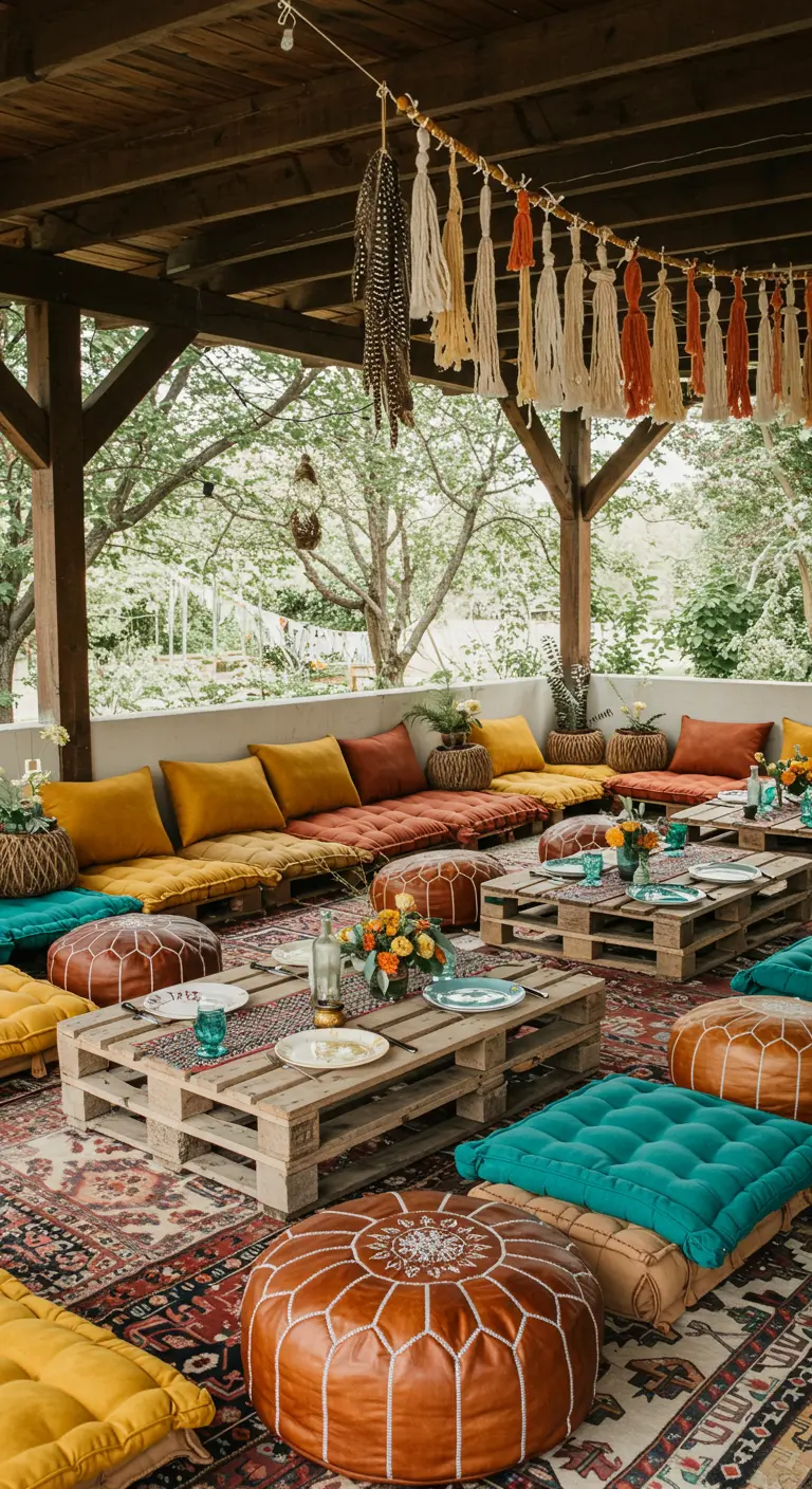 Covered patio with low pallet tables, colorful floor cushions, poufs, and layered rugs.