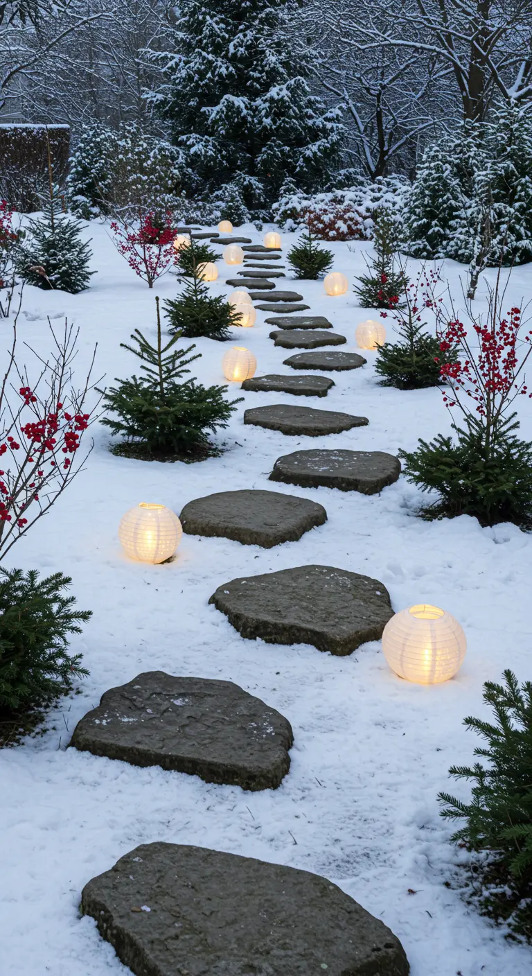 Stepping stone path in snow with glowing paper globe lanterns.