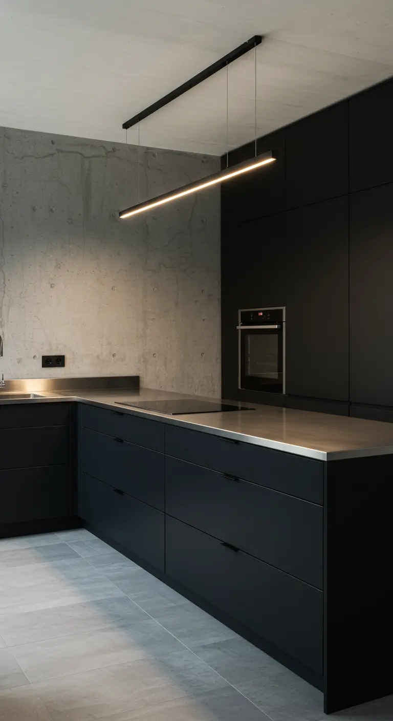 Minimalist industrial kitchen with black cabinets, a concrete wall, and a linear pendant light.