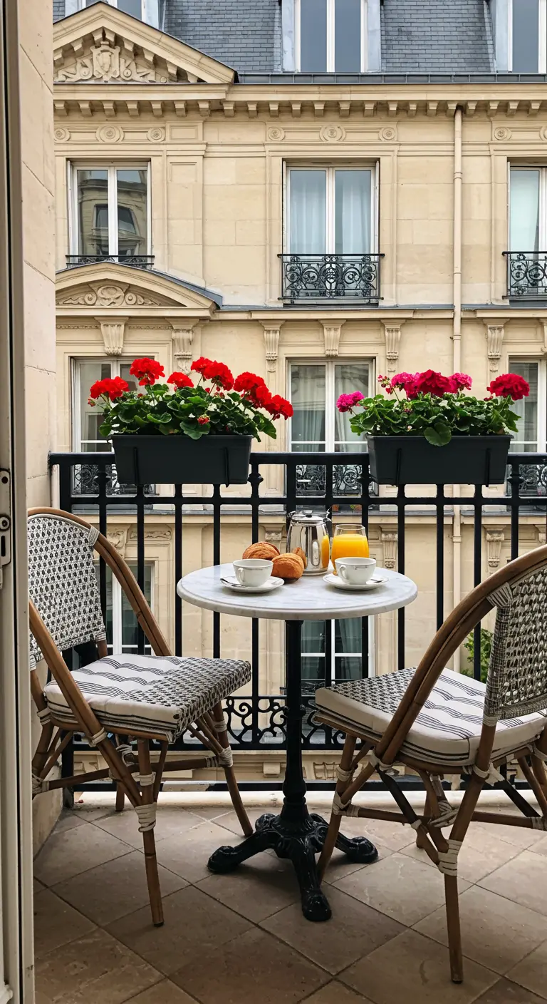 A small Parisian balcony with a marble bistro table and chairs, with red geraniums.