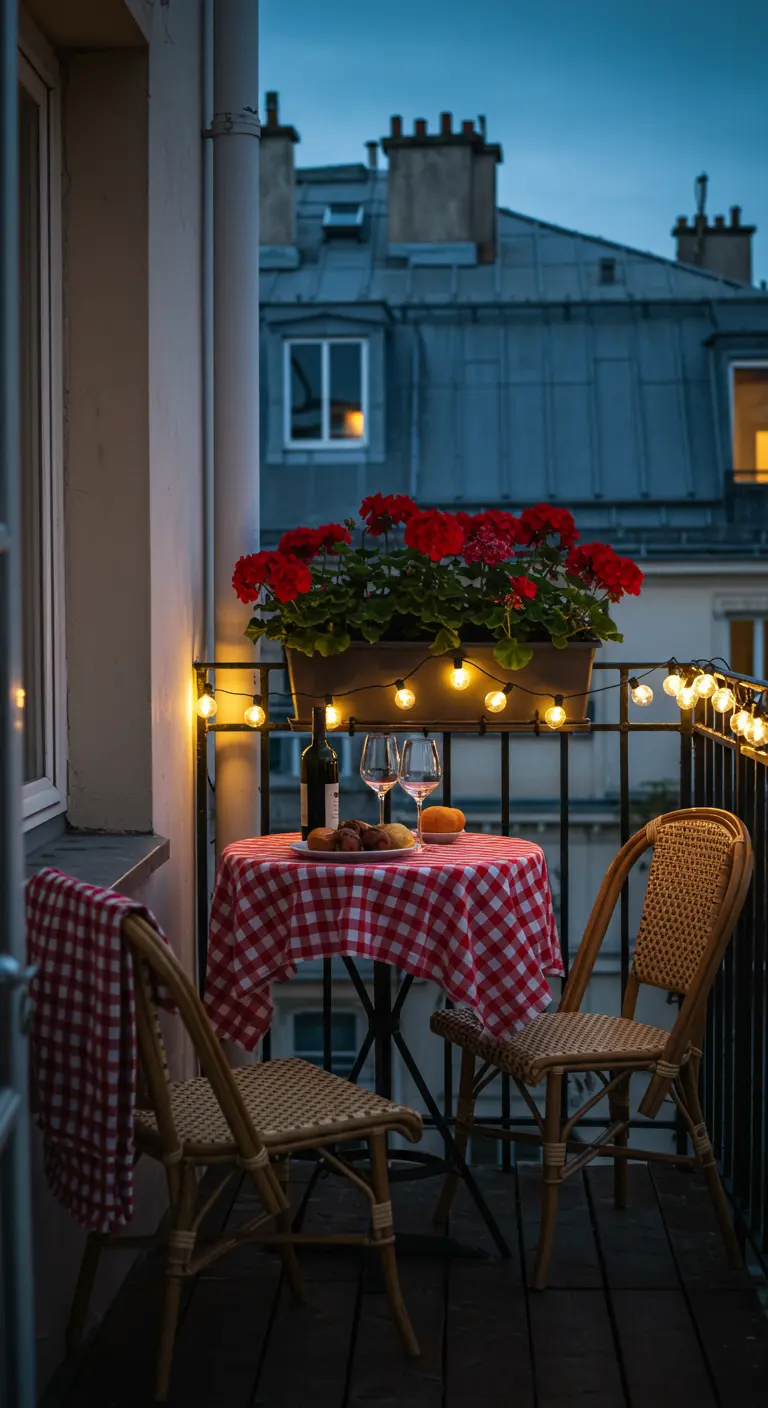 A small Parisian balcony with a bistro set, red geraniums, and globe lights.