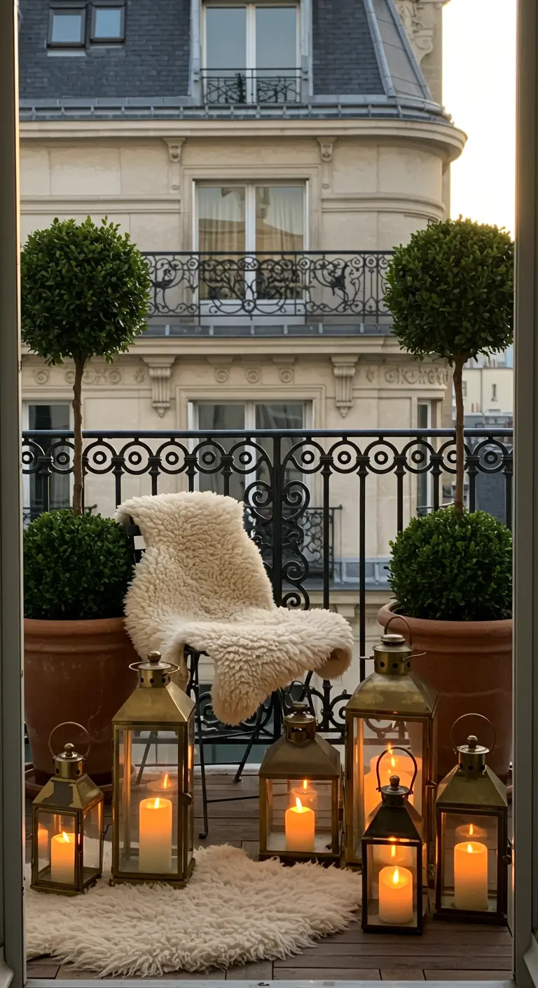 Elegant Parisian balcony with two topiary trees, brass lanterns, and a sheepskin on a chair.