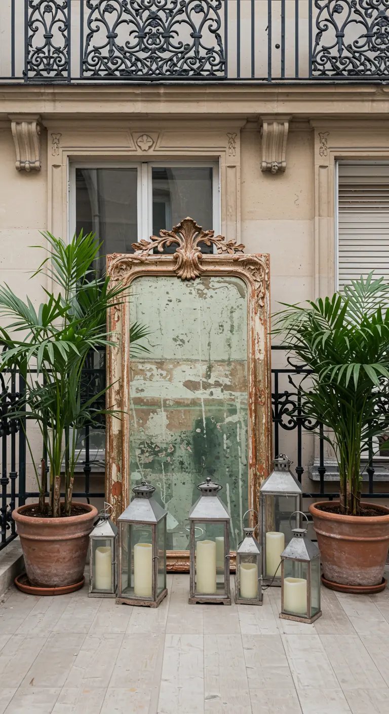A Parisian balcony with a large, aged mirror leaning against a railing, surrounded by lanterns.