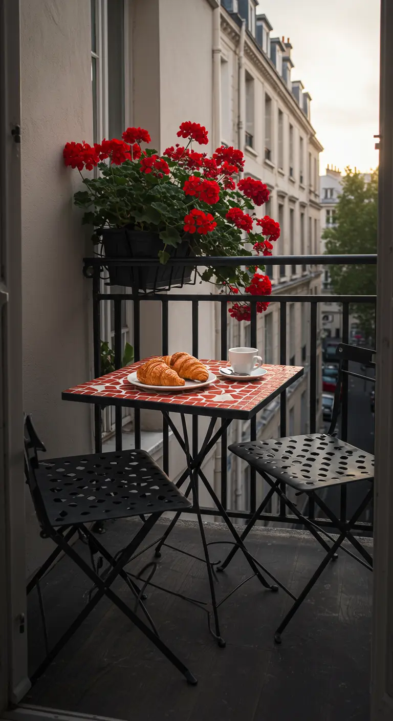 Mosaic bistro table with croissants on a small Parisian balcony with red geraniums.