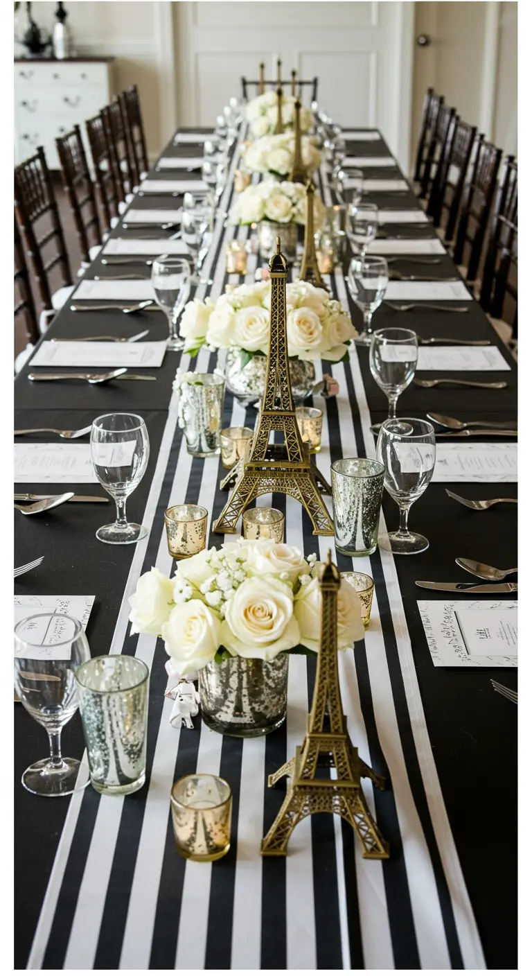 A black-and-white striped runner with mini Eiffel Towers and vases of white roses.