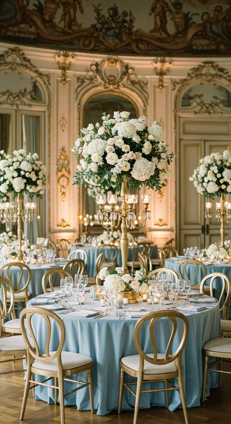 Elegant Parisian-style wedding reception with dusty blue tablecloths and large white floral centerpieces.
