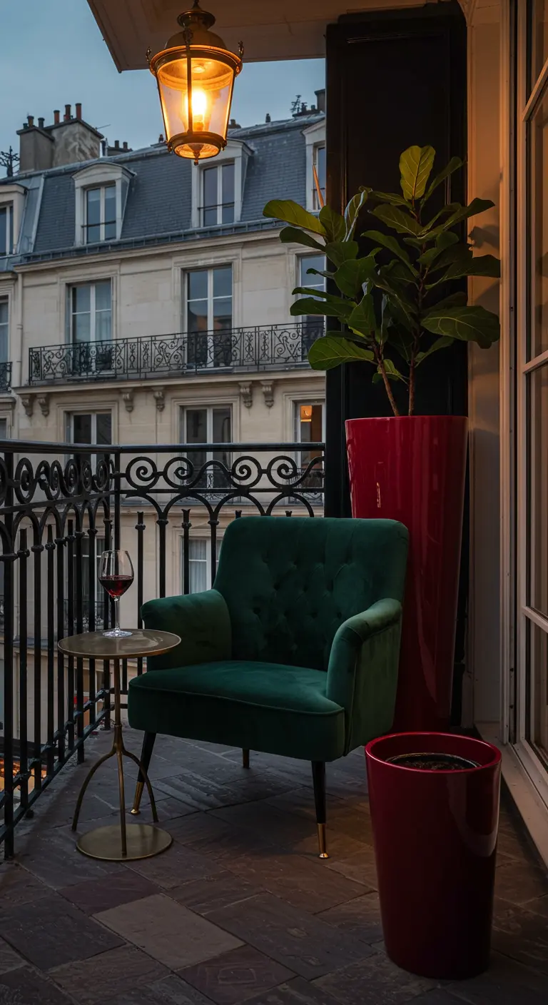 An emerald green velvet armchair and a tall ruby red planter on a Parisian balcony at dusk.