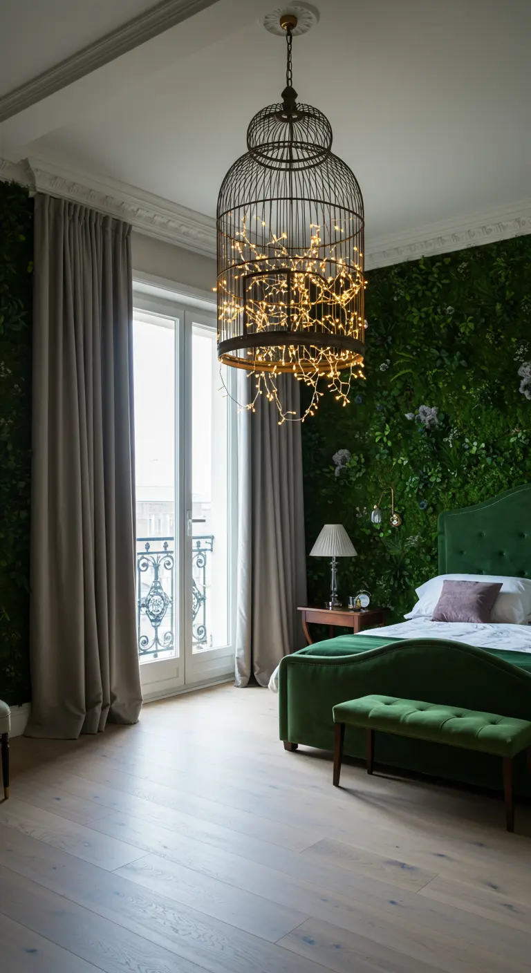 An elegant Parisian bedroom with a moss wall, green velvet bed, and a birdcage chandelier.