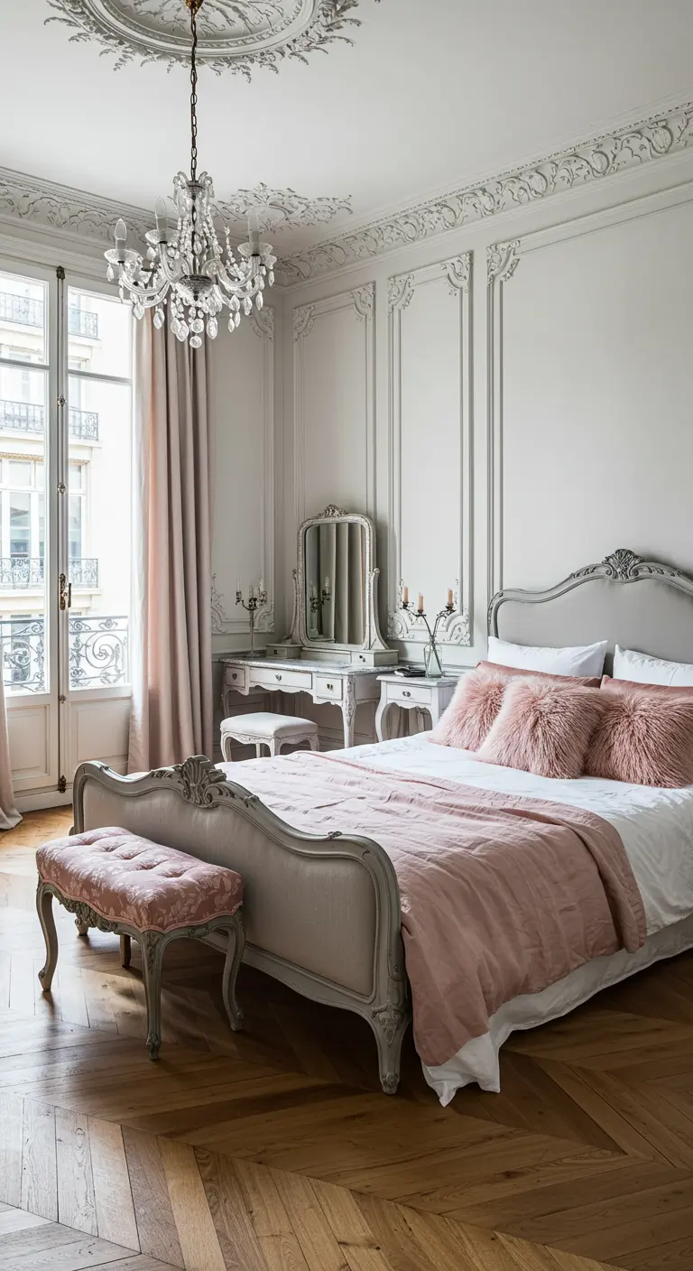 Parisian bedroom with ornate molding, a classic bed, and dusty rose textiles.