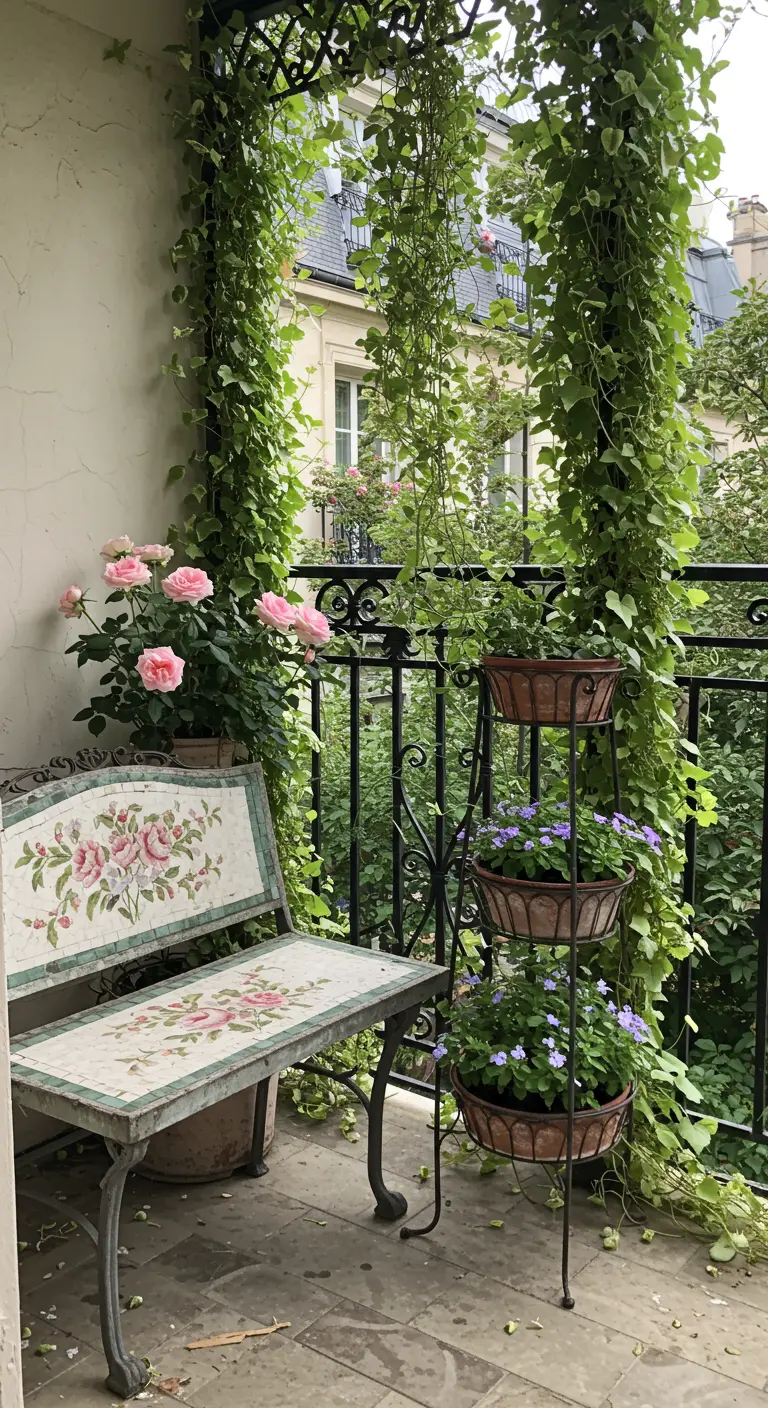 Wrought-iron bench with floral mosaic on a Parisian-style balcony.