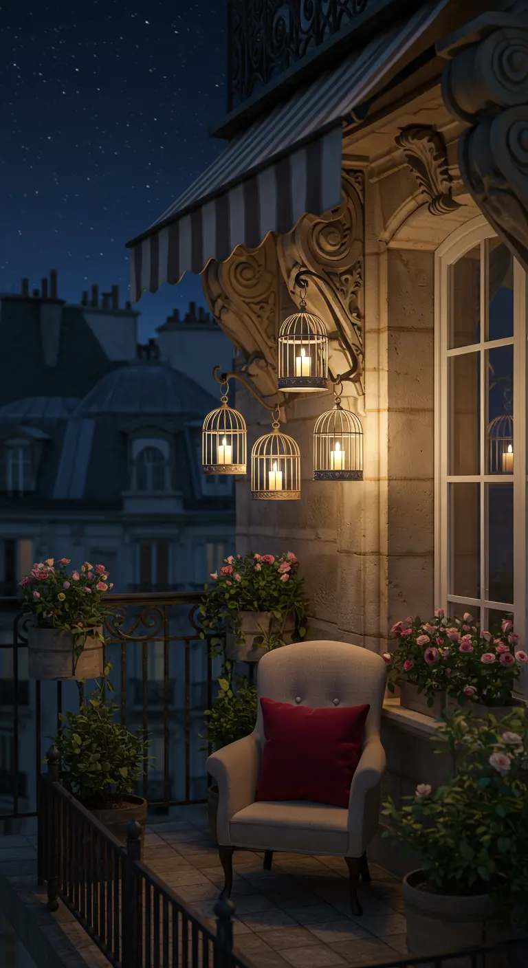 Parisian balcony at night with an armchair, red cushion, and glowing birdcage lanterns.