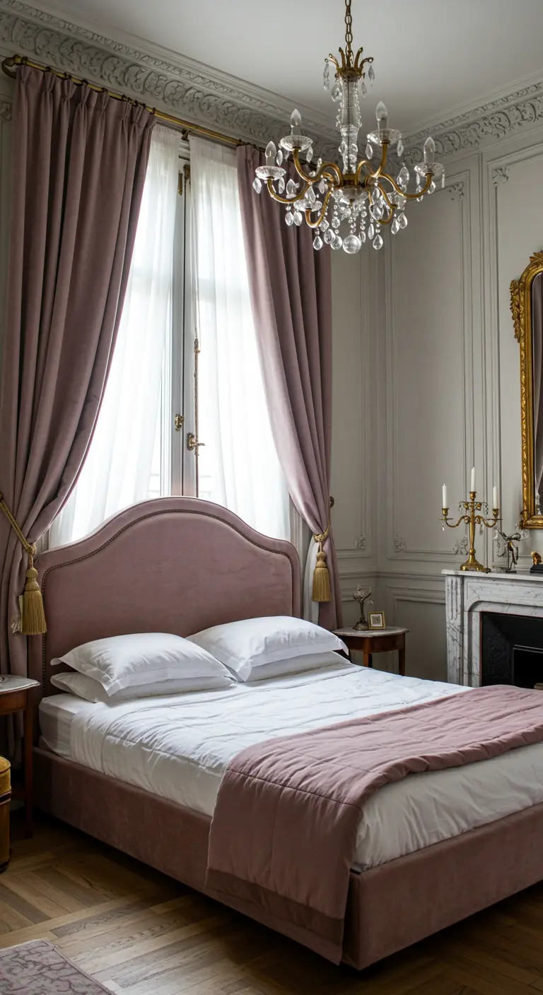 Parisian bedroom with a dusty rose velvet bed, crystal chandelier, and ornate wall moldings.