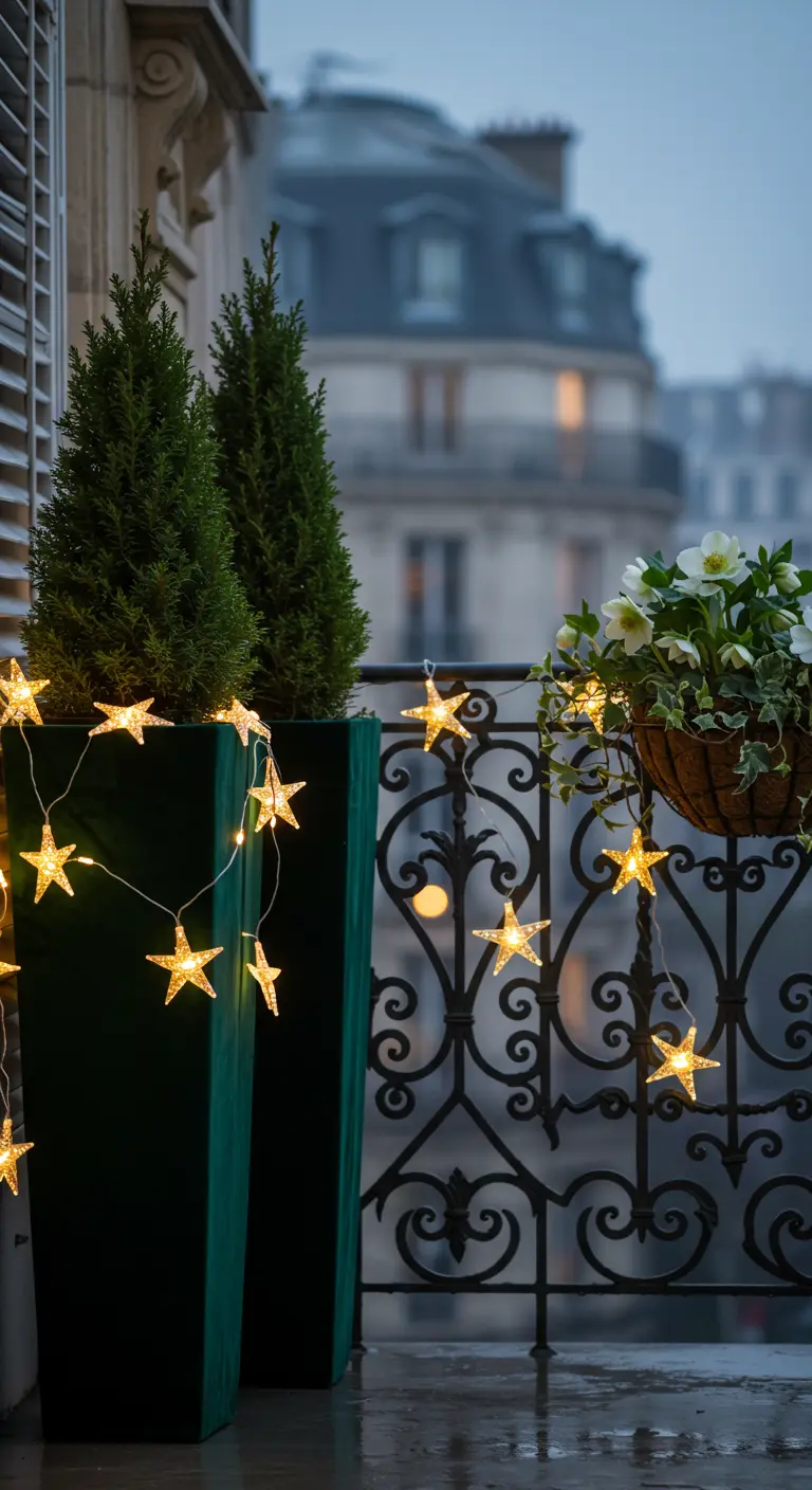 Star-shaped fairy lights draped over a dark green planter and an ornate black railing on a Parisian balcony.