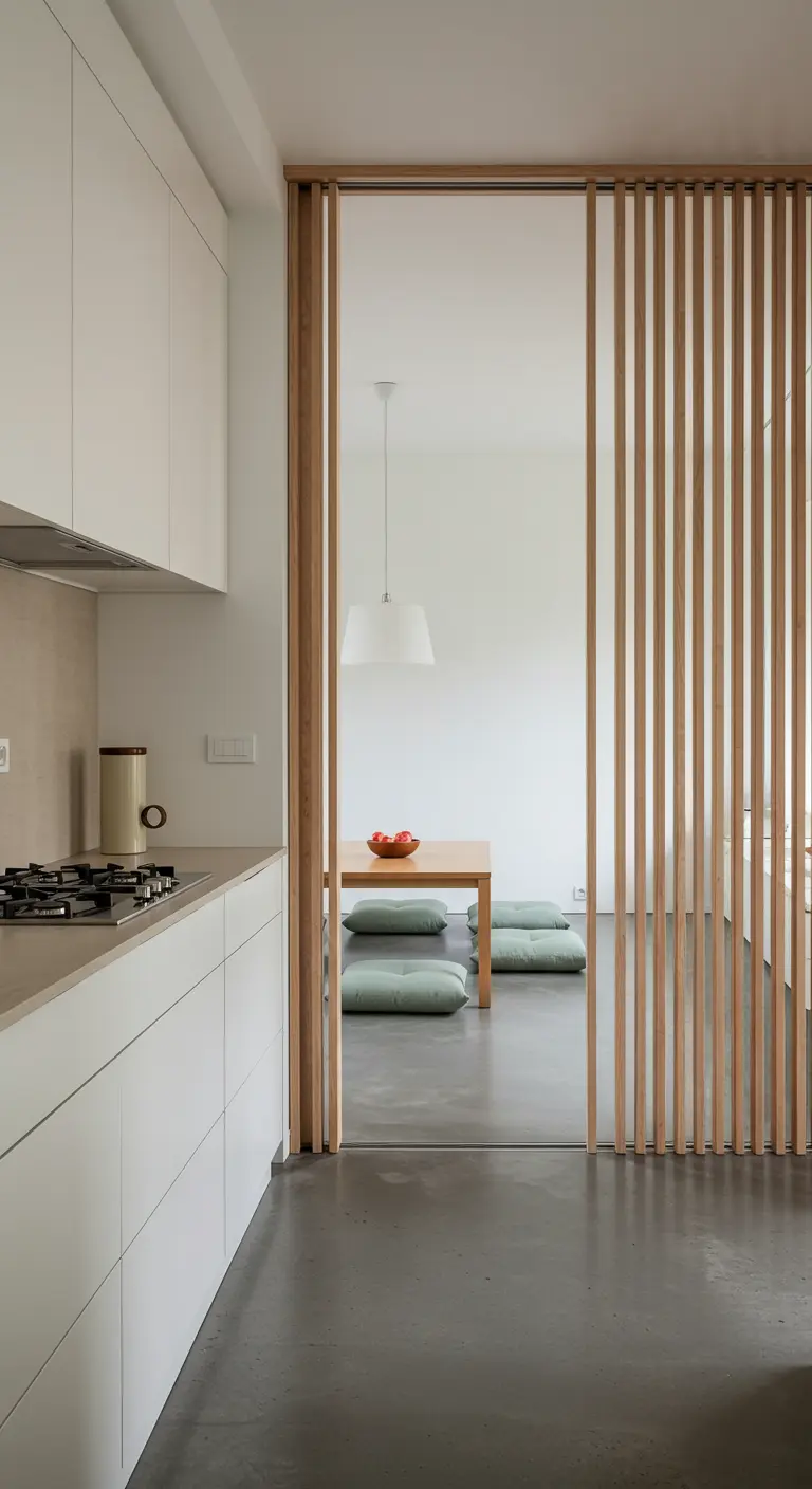 A view from a white kitchen through a slatted wood divider into a simple dining area.