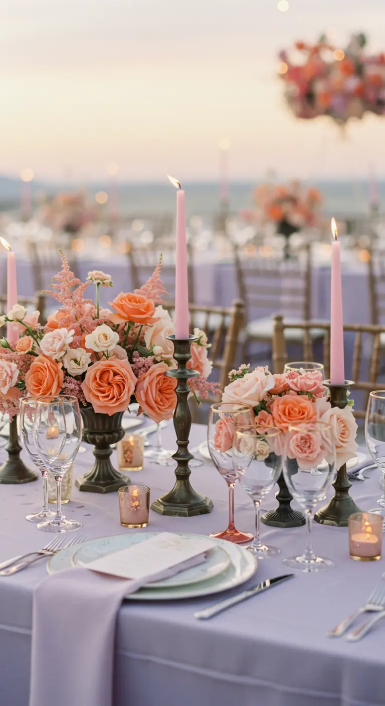 Dreamy pastel wedding table with a lavender cloth, pink candles, and peach roses.