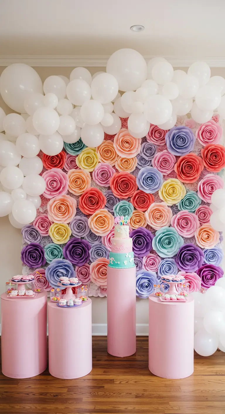 A wall of rainbow pastel paper roses framed by a white balloon garland.