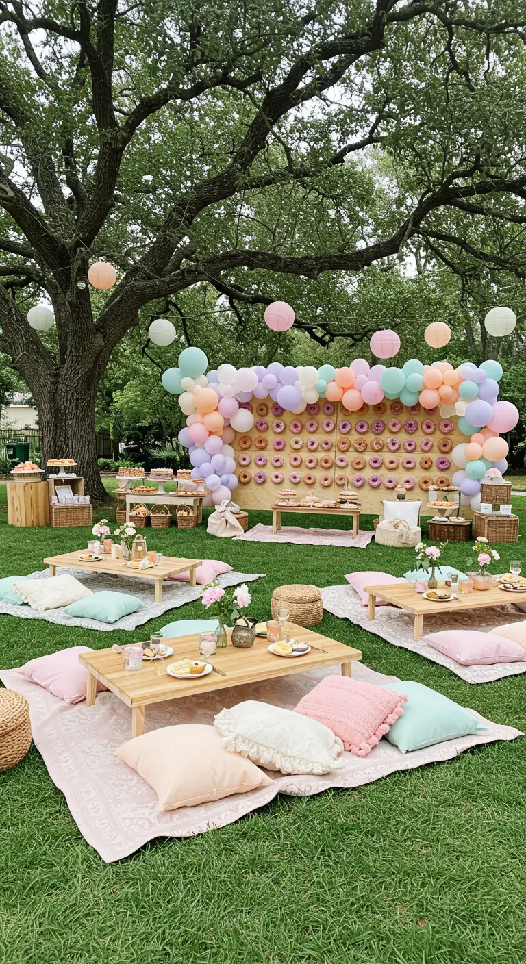 An outdoor picnic with low tables, pastel pillows, and a large donut wall in the background.