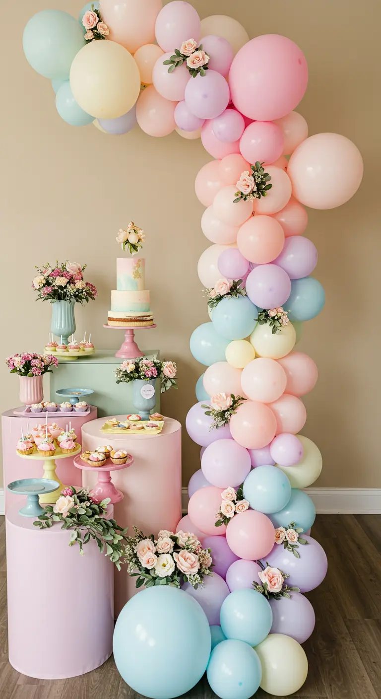 A cascading pastel balloon garland flowing over colorful plinths holding desserts and flowers.