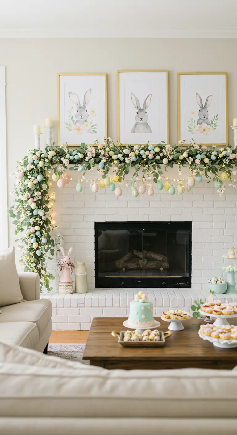 Easter mantel with bunny prints, pastel egg garland, and eucalyptus.