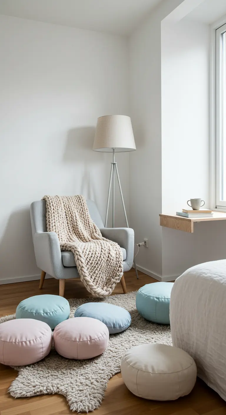 Bright, minimalist room with a light gray armchair, a thick knit throw, and an assortment of pastel floor cushions.
